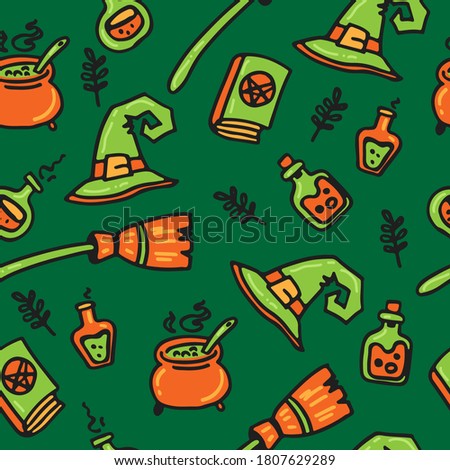 Seamless pattern with Halloween characters. Vector illustration.  Design element for banner, wallpaper, wrapping paper, fabric.