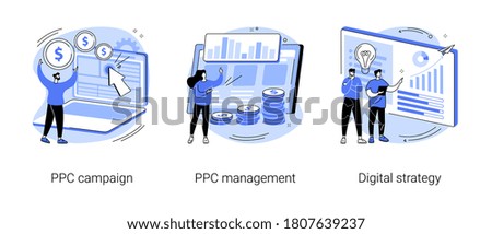 Digital marketing plan abstract concept vector illustration set. PPC campaign management, digital strategy, pay-per-click, internet marketing tools, online ad, targeted promotion abstract metaphor. Royalty-Free Stock Photo #1807639237