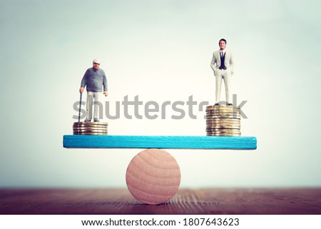 A conceptual picture of wise investment and proper planning for retirement. A young man with a high income, standing on scale balance versus elder man with a low income