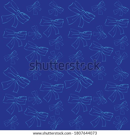 Seamless pattern contoured blue bow on a blue background. Gift wrapping. Vector image on a white isolated background.