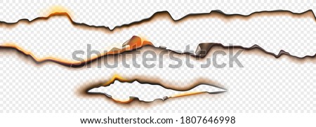 Burnt paper edges with fire and black ash isolated on transparent background. Vector realistic set of borders and frames from scorched and smoldering paper sheets with torn edges Royalty-Free Stock Photo #1807646998