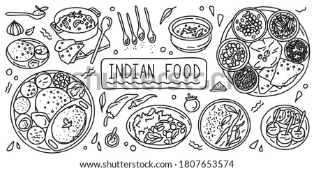 Indian cuisine, food. Simple doodle outline style. Vector stock black and white illustration.