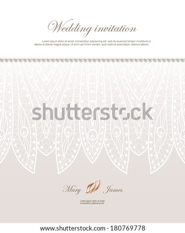 Wedding invitation decorated with lace, pearls and gold rings