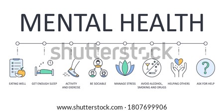 Vector banner 8 tips for good mental health. Editable stroke icons. Get enough sleep eating well. Avoid alcohol, smoking and drugs manage stress. Activity and exercise be sociable helping others Royalty-Free Stock Photo #1807699906