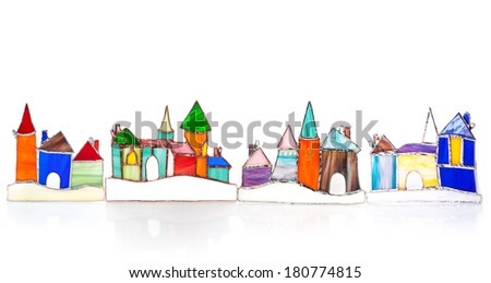 Handmade stained glass castle set isolated on white background