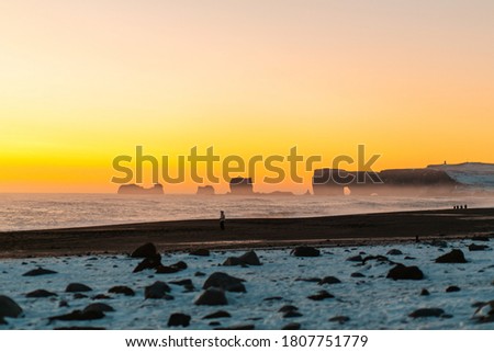 Winter landscape, oceanic beach with black volcanic sand in iceland.
