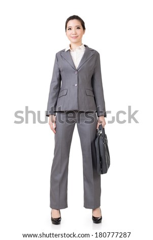 Confident Asian businesswoman, full length portrait isolated on white background.