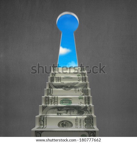 Money stairs with key shape hole on top and blue sky outside