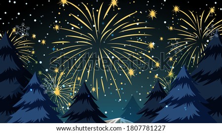 Forest with celebration fireworks scene illustration