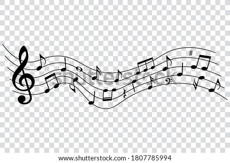 Music notes, symbols on wavy stave, isolated vector illustration.