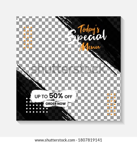 Editable minimal square banner post template. Black, yellow, orange background layout template for food and drink business. Suitable for social media post and web internet ads. Vector illustration