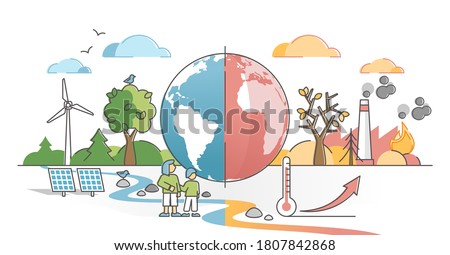 Climate change with weather global greenhouse warming risks outline concept. Compared planet with renewable eco resources consumption and fossil fuel and gas burning alternative vector illustration. Royalty-Free Stock Photo #1807842868