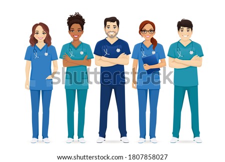 Multiethnic nurse characters group. Medical team isolated vector illustartion Royalty-Free Stock Photo #1807858027