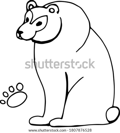 Black and white hand drawn illustration bear and his paw print. The stylized image of a bear sitting.Handwritten graphic techniqe