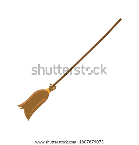 Brown broom with long wooden handle. Witch broomstick isolated on whiite backgrouund. Vector illustration