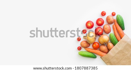 Fresh farm vegetarian and vegan vegetables in paper bag on white background. Healthy food supermarket banner. Zero waste concept. Copy space