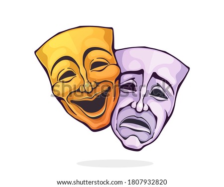 Two theatrical comedy and drama mask. Bipolar disorder symbol. Positive and negative emotion. Film and theatre industry. Cartoon vector illustration with outline. Clipart Isolated on white background