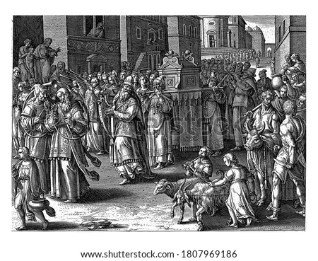 The Ark of the Covenant is carried into Jerusalem. King David runs for the Ark and plays his harp. Others Israelites blow trumpets and horns. On the right a ram, goat and bull, vintage engraving. Royalty-Free Stock Photo #1807969186