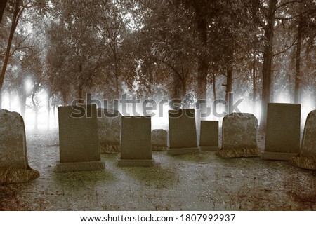 Tombstones on the graveyard in the forest. Halloween concept