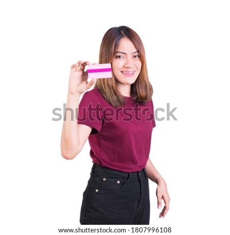 woman dental braces smile holding credit card. closeup on white background