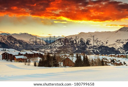 Famous ski resort in the Alps,Les Sybelles,France Royalty-Free Stock Photo #180799658