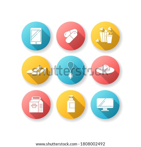 Online shopping flat design long shadow glyph icons set. Digital electronic technology. Fashion and beauty. Pet care food. Fastfood for entertainment. Silhouette RGB color illustration