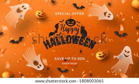Halloween sale horizontal banner. Holiday promo banner with spooky flying ghosts, black spiders and bats, scary pumpkins, serpentine and confetti on orange background. Vector illustration. Royalty-Free Stock Photo #1808003065