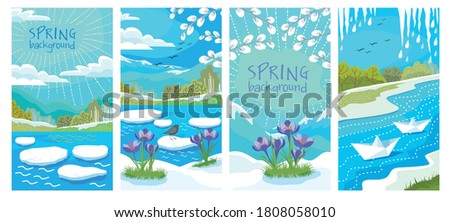 A set of cards with spring landscapes: birds, icicles, ice drift, snowdrops. Vector. Royalty-Free Stock Photo #1808058010