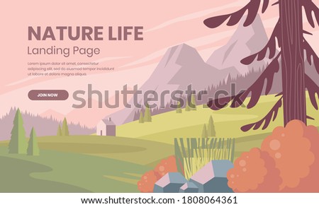 Outdor nature landscape vector flat design, web landing page template, green hills illustration