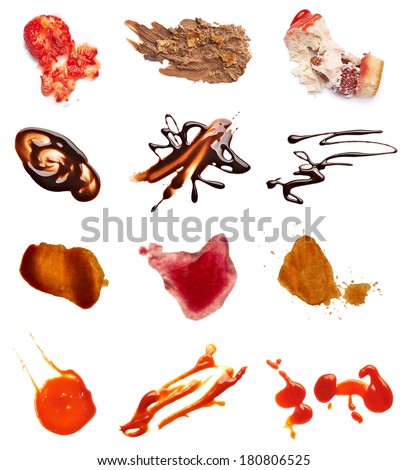 collection of various coffee, wine, ketchup, chocolate and cake stains on white background. each one is shot separately