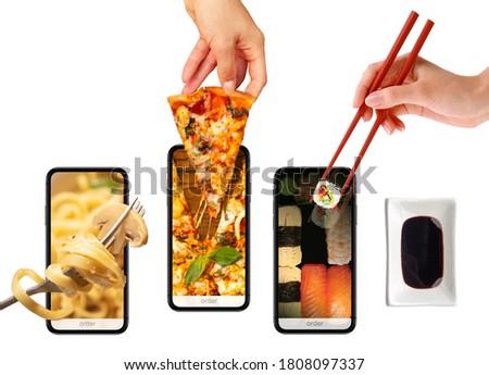 Order and deliver food online. Pizza, pasta, sushi. Eat from your smartphone. Gadget on white background Royalty-Free Stock Photo #1808097337