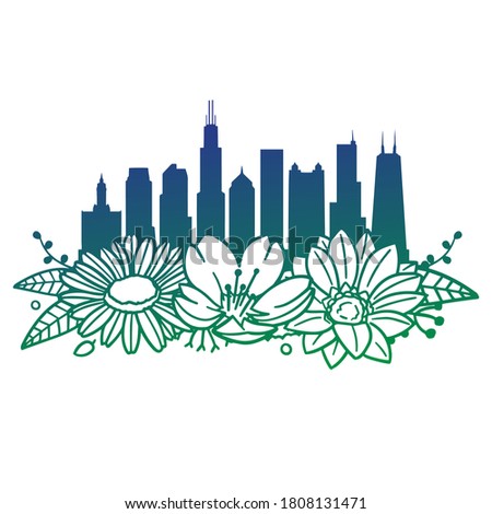 Chicago Illinois Flowers with Vintage Skyline Design. Floral frame ornament vector style. Decoration Design Silhouette illustration.