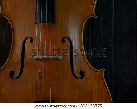 Fragment of a beautiful cello or violin on a wooden background with place for text