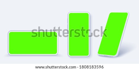 White mobile phone top view, side view and rotated position. Smartphone with a green screen for easy editing. White smartphone mockup. Empty silhouette cellphone. Vector illustration