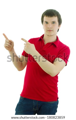 A man shows his hand to the side isolated on white background