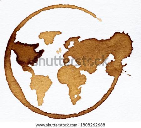 Drawing of a world map  inside a coffe stain with white background