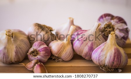 Beautiful, fresh and young garlic is plucked from the garden and lies on a wooden plank.
