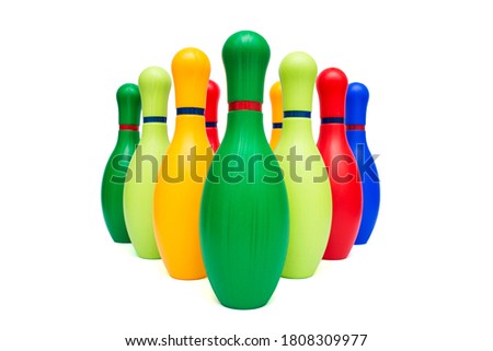 Colorful standing bowling pins, skittles isolated on white background. Group of bowling pins isolated on white background.