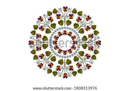 White background with pattern for embroidery of a wreath of pansies with purple-orange petals, leaves, beads and blue flowers



