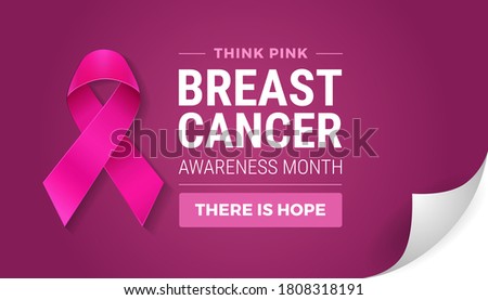 Breast cancer awareness month in october. Turn the page concept. Realistic pink ribbon symbol, Think pink and There is hope text on dark pink color background vector