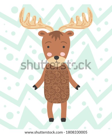 Cute moose flat hand drawn illustration. Woodland animal character. Elk clipart. Postcard, kids book design element