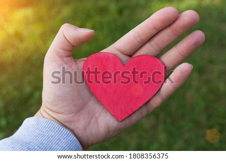 Top view of a woman's hand holding a red heart on a green background. The concept of health care, love, charity, Valentine's Day or donations help give love the warmth of care.