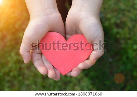 top view, in children's palms is a red heart on a background of green foliage. The idea is pure, sincere, childlike love. Horizontal photo, close-up Royalty-Free Stock Photo #1808371060