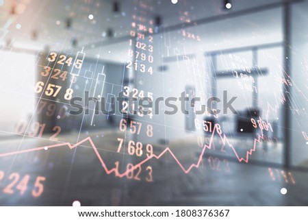 Double exposure of abstract creative statistics data hologram on a modern furnished office interior background, analytics and forecasting concept
