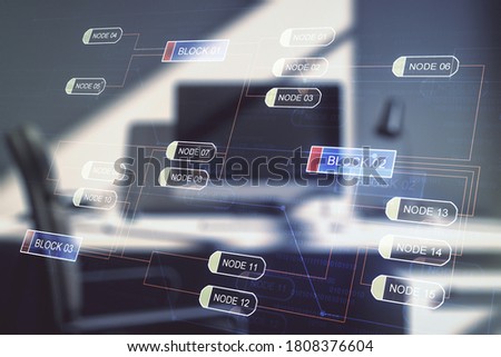 Abstract creative coding concept and modern desktop with computer on background. Multiexposure