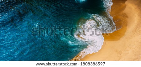 Panorama of a clean beach. Aerial photography of a clean sandy beach. Beautiful beach with yellow sand. The sea without the garbage. Aerial photography of the seascape. Copy space