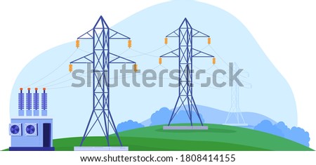 Factory power, electricity transmission, high voltage, danger to life, design cartoon style vector illustration, isolated on white. Clean environment, transformer station, high-voltage towers. Royalty-Free Stock Photo #1808414155