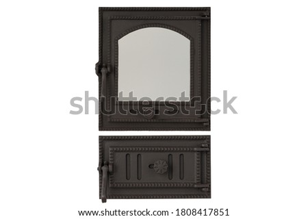 black iron cast stove door, isolated on white background, stock photography