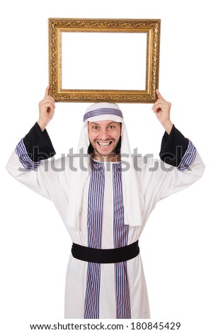 Young arab with picture frame on white