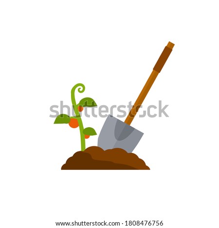 Shovel. Digging hole. Wood brown tool. Cartoon flat illustration. Element of farms and villages. Harvest. Pile of earth